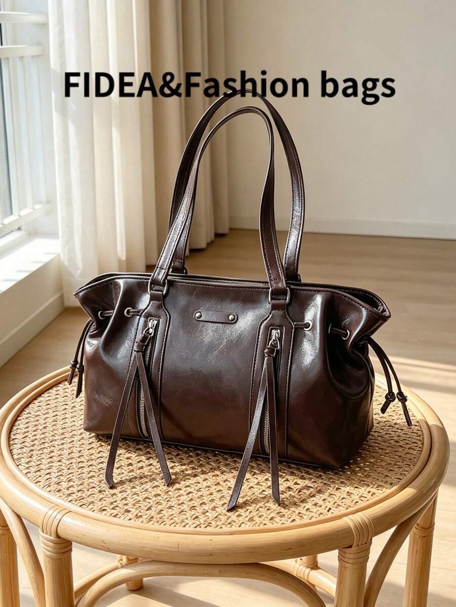 1PC Women's PU Large Capacity Commuter Tote Bag, Street Boston Style, Multi-Pocket Zipper Layered Design, Shoulder & Handheld Dual-Use Bag, Versatile For Office Commute And Short Trips, Can Store Lapt
