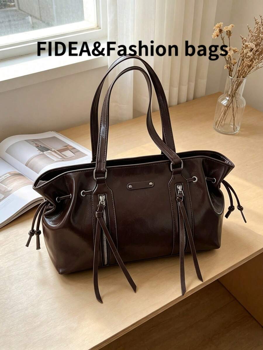 1PC Women's PU Large Capacity Commuter Tote Bag, Street Boston Style, Multi-Pocket Zipper Layered Design, Shoulder & Handheld Dual-Use Bag, Versatile For Office Commute And Short Trips, Can Store Lapt