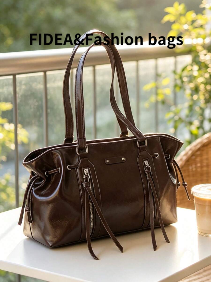 1PC Women's PU Large Capacity Commuter Tote Bag, Street Boston Style, Multi-Pocket Zipper Layered Design, Shoulder & Handheld Dual-Use Bag, Versatile For Office Commute And Short Trips, Can Store Lapt