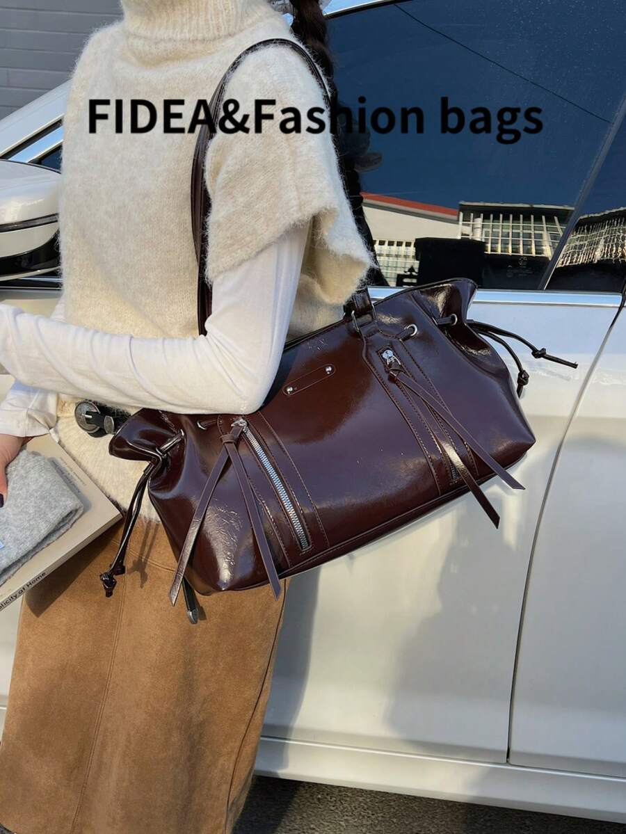 1PC Women's PU Large Capacity Commuter Tote Bag, Street Boston Style, Multi-Pocket Zipper Layered Design, Shoulder & Handheld Dual-Use Bag, Versatile For Office Commute And Short Trips, Can Store Lapt