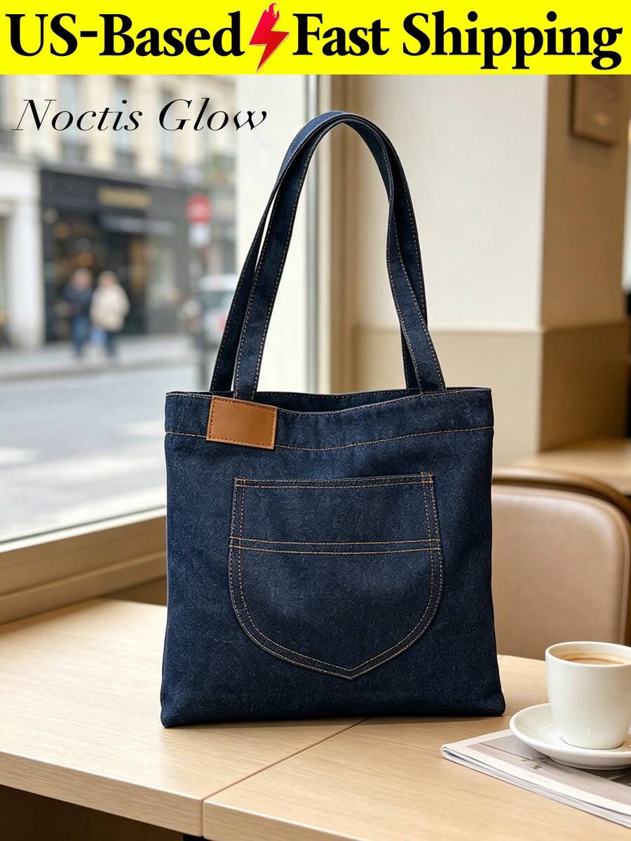 Aesthetic Denim Tote Bag Casual Shoulder Bag For Woman Large Capacity Handbag Daily Commute Bag Travel Bag Work Bag Shopping Bag Travel Essential