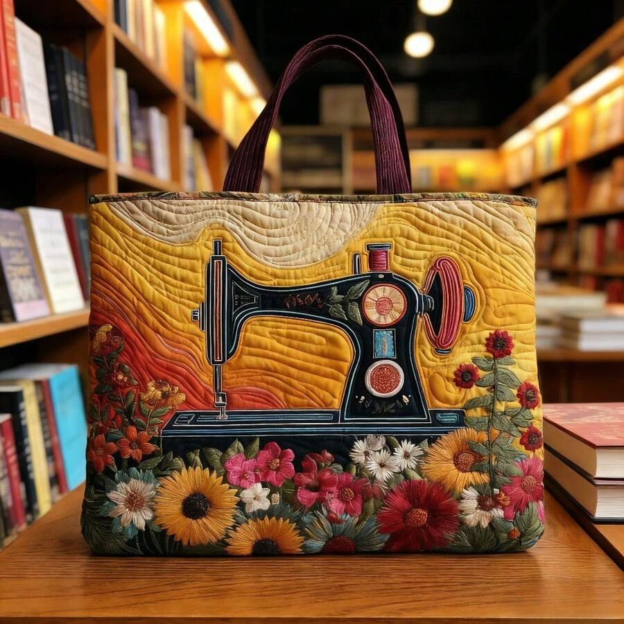 Quilted Tote Bag, Vintage Sewing Machine With Assorted Sunflower Floral Pattern Large Shoulder Bag For Craft Daily Use