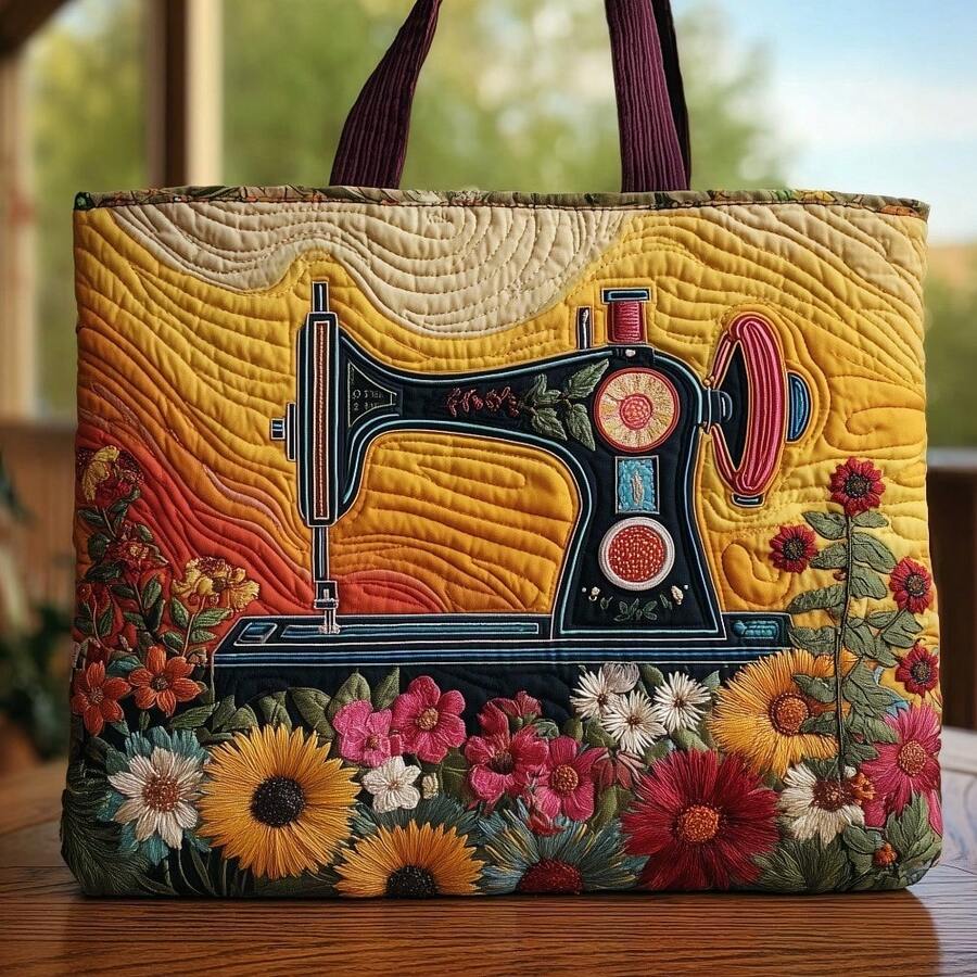 Quilted Tote Bag, Vintage Sewing Machine With Assorted Sunflower Floral Pattern Large Shoulder Bag For Craft Daily Use