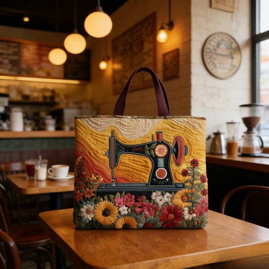Quilted Tote Bag, Vintage Sewing Machine With Assorted Sunflower Floral Pattern Large Shoulder Bag For Craft Daily Use
