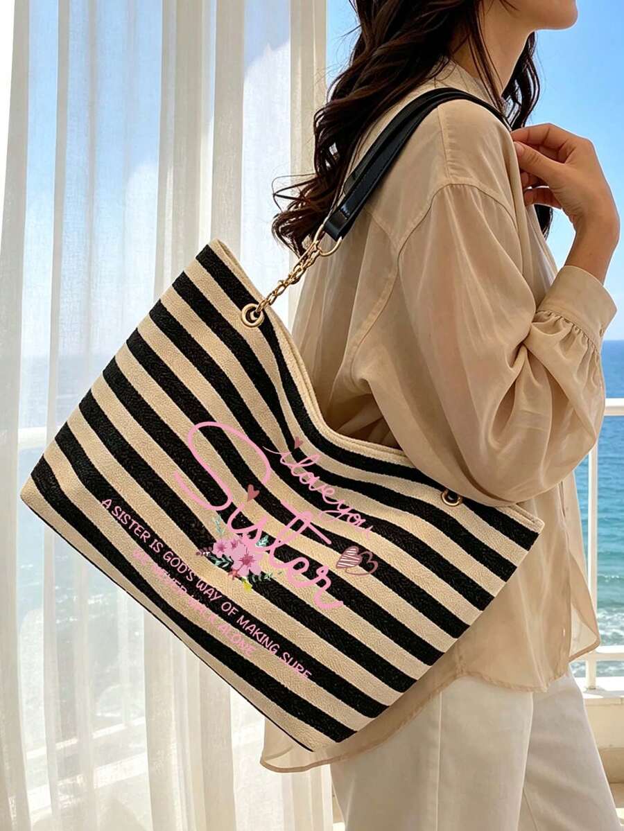 Black And White Striped Tote Bag, "I Love You Sister" Letter Print, Casual Striped Shoulder Bag With Sister Message Pattern, Portable Makeup Bag, Large Capacity Women's Crossbody Bag, Adjustable Chain