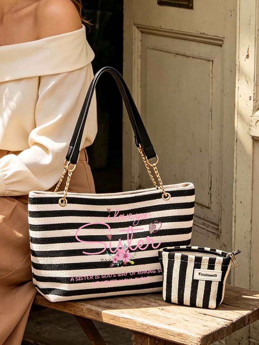 Black And White Striped Tote Bag, "I Love You Sister" Letter Print, Casual Striped Shoulder Bag With Sister Message Pattern, Portable Makeup Bag, Large Capacity Women's Crossbody Bag, Adjustable Chain