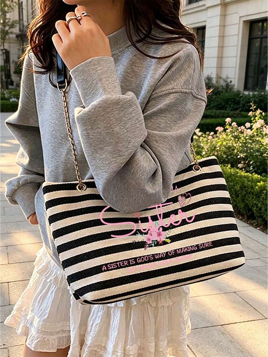 Black And White Striped Tote Bag, "I Love You Sister" Letter Print, Casual Striped Shoulder Bag With Sister Message Pattern, Portable Makeup Bag, Large Capacity Women's Crossbody Bag, Adjustable Chain