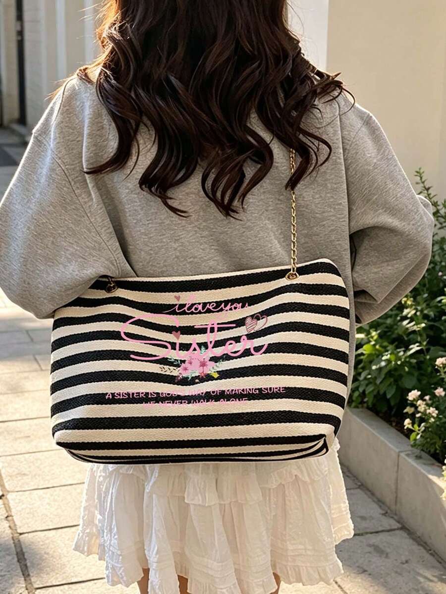 Black And White Striped Tote Bag, "I Love You Sister" Letter Print, Casual Striped Shoulder Bag With Sister Message Pattern, Portable Makeup Bag, Large Capacity Women's Crossbody Bag, Adjustable Chain