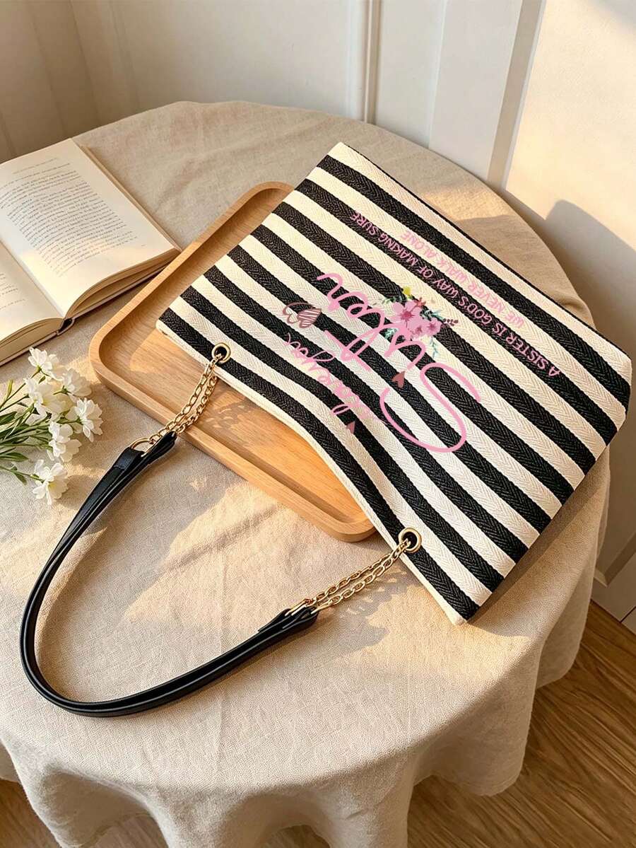 Black And White Striped Tote Bag, "I Love You Sister" Letter Print, Casual Striped Shoulder Bag With Sister Message Pattern, Portable Makeup Bag, Large Capacity Women's Crossbody Bag, Adjustable Chain