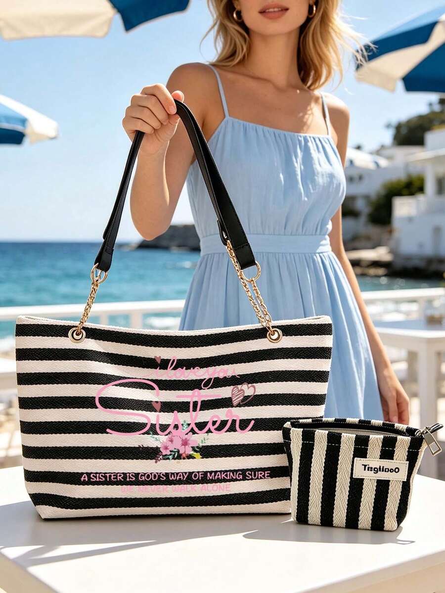 Black And White Striped Tote Bag, "I Love You Sister" Letter Print, Casual Striped Shoulder Bag With Sister Message Pattern, Portable Makeup Bag, Large Capacity Women's Crossbody Bag, Adjustable Chain