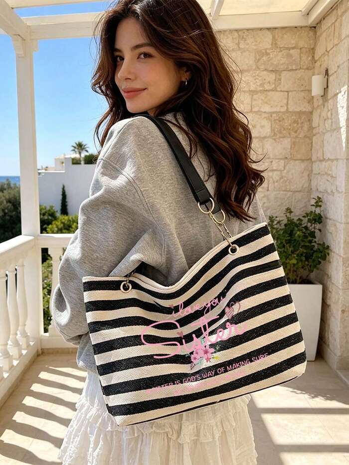 Black And White Striped Tote Bag, "I Love You Sister" Letter Print