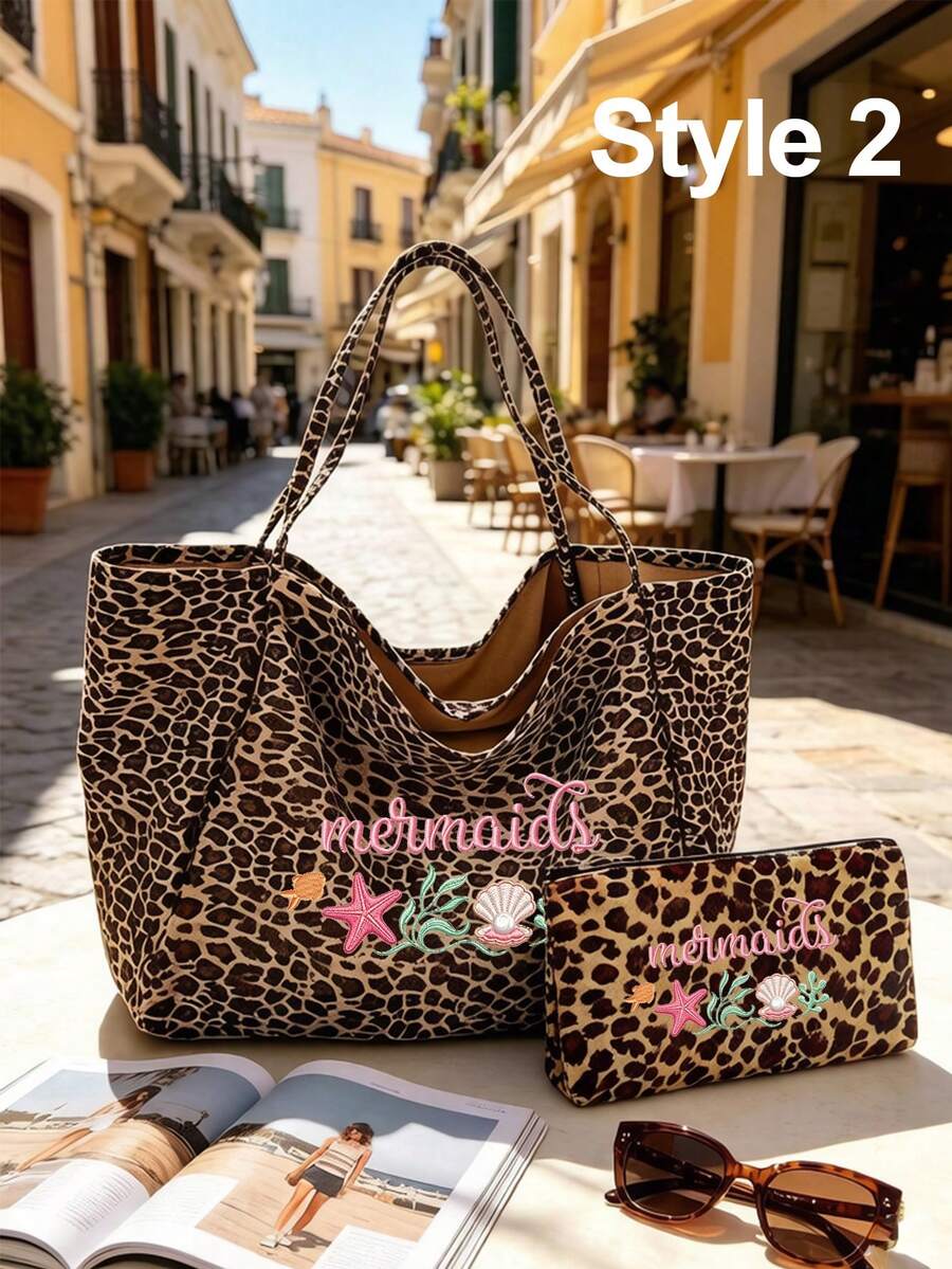 Large Capacity Women's Fashion Leopard Print Beach Tote Bag, Summer Theme Faux Embroidery Pattern Print (2D), Foldable Tote Bag Shoulder Bag, Leopard Print Makeup Bag Coin Purse, Sturdy Handle, Summer