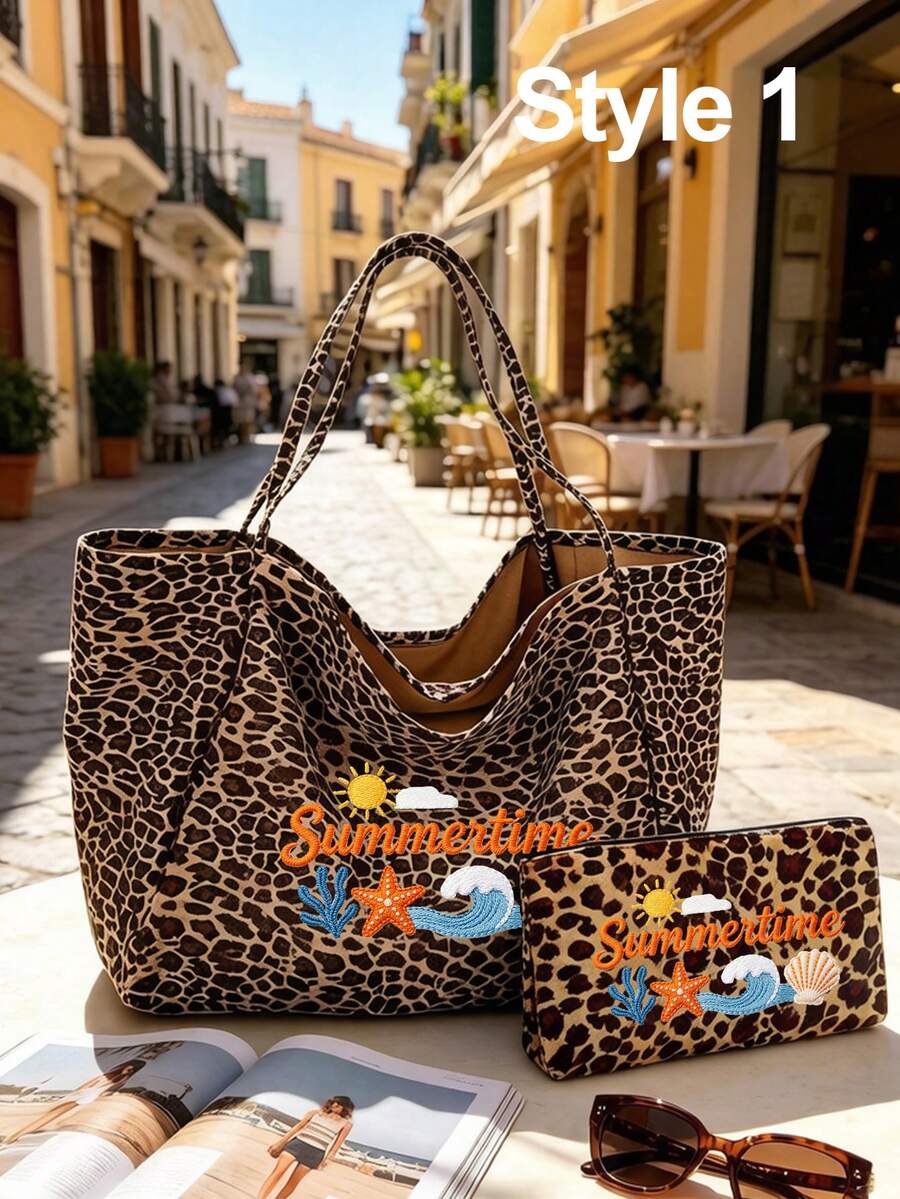 Large Capacity Women's Fashion Leopard Print Beach Tote Bag, Summer Theme Faux Embroidery Pattern Print (2D), Foldable Tote Bag Shoulder Bag, Leopard Print Makeup Bag Coin Purse, Sturdy Handle, Summer
