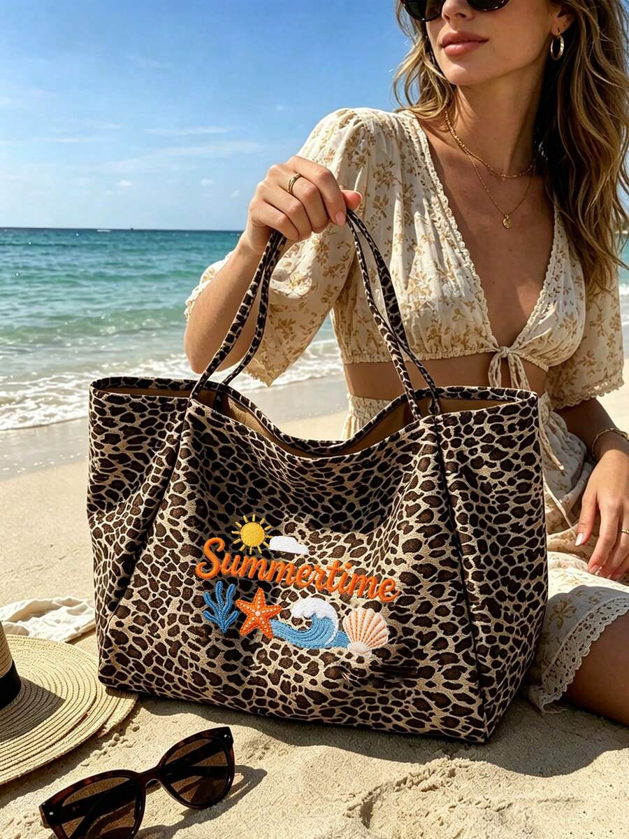 Large Capacity Women's Fashion Leopard Print Beach Tote Bag, Summer Theme Faux Embroidery Pattern Print (2D), Foldable Tote Bag Shoulder Bag, Leopard Print Makeup Bag Coin Purse, Sturdy Handle, Summer
