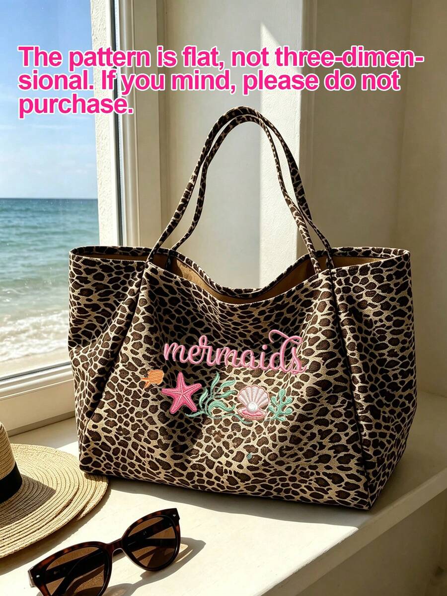 Large Capacity Women's Fashion Leopard Print Beach Tote Bag, Summer Theme Faux Embroidery Pattern Print (2D), Foldable Tote Bag Shoulder Bag, Leopard Print Makeup Bag Coin Purse, Sturdy Handle, Summer