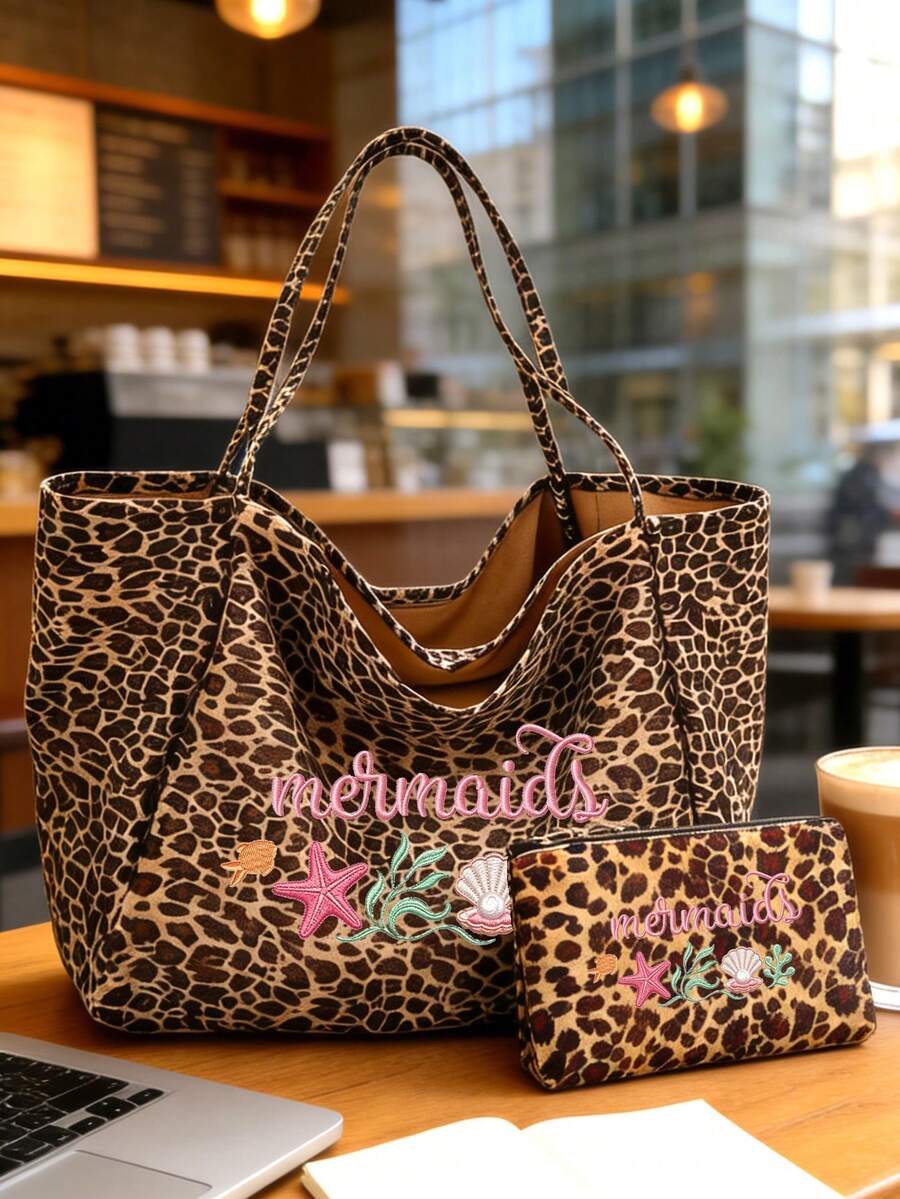 Large Capacity Women's Fashion Leopard Print Beach Tote Bag, Summer Theme Faux Embroidery Pattern Print (2D), Foldable Tote Bag Shoulder Bag, Leopard Print Makeup Bag Coin Purse, Sturdy Handle, Summer