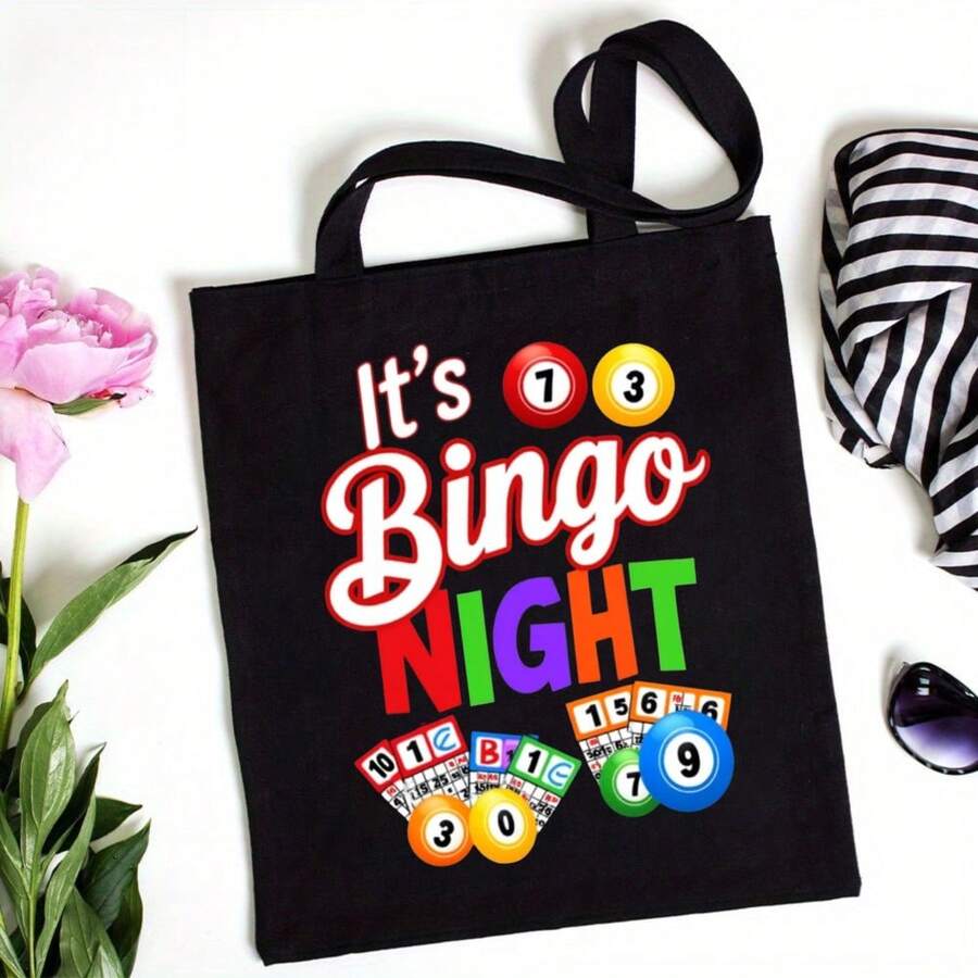 Canvas Tote Bag Unisex Shoulder Bag Commuting Travel Daily Use Black White Bingo Night Design Shopping Beach School Office Market Groc