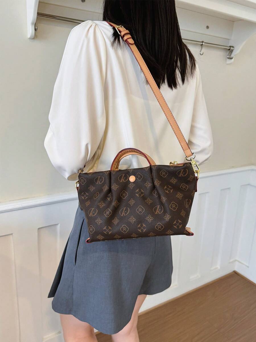 Vintage Floral Crepe Basket Tote Bag, Synthetic Leather Shoulder Bag, Large Capacity, Versatile, Suitable For Commuting, Women's Bag