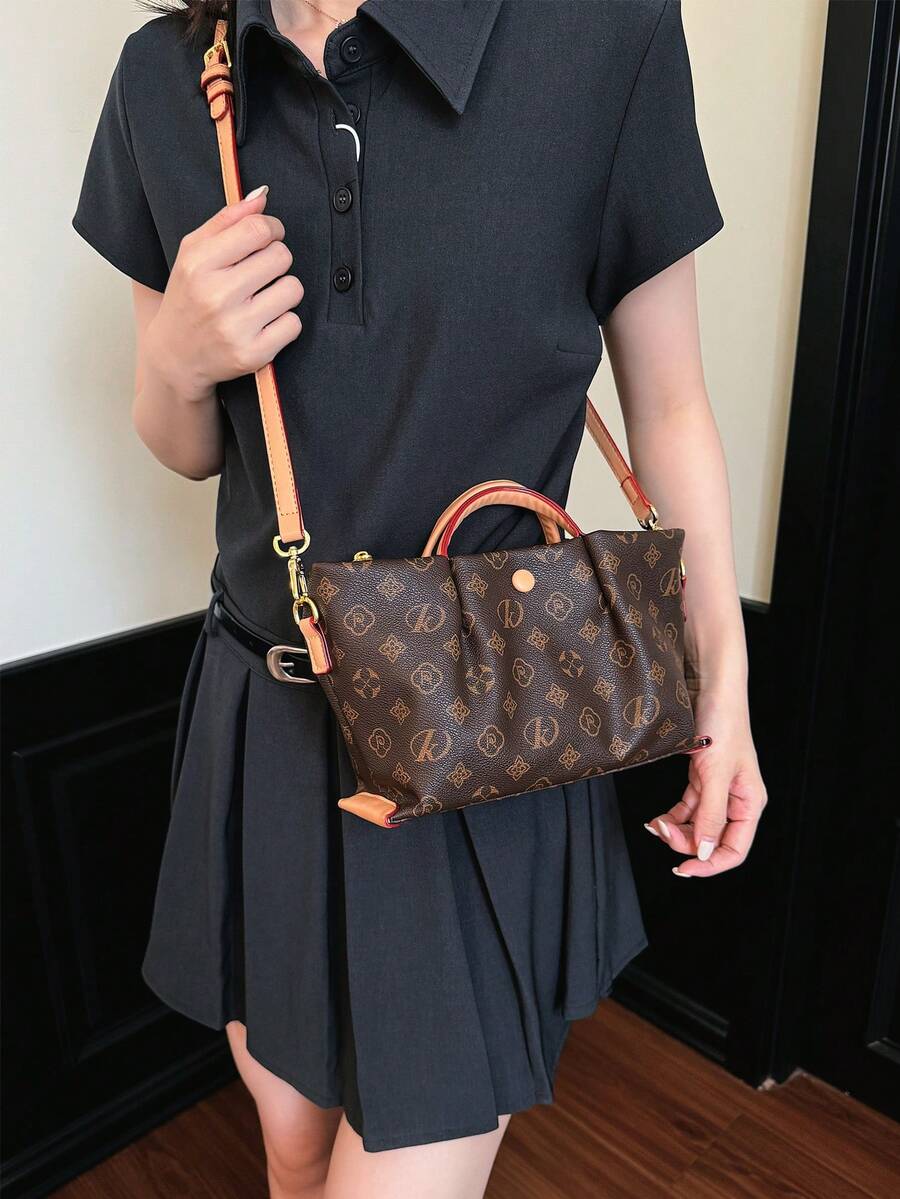 Vintage Floral Crepe Basket Tote Bag, Synthetic Leather Shoulder Bag, Large Capacity, Versatile, Suitable For Commuting, Women's Bag