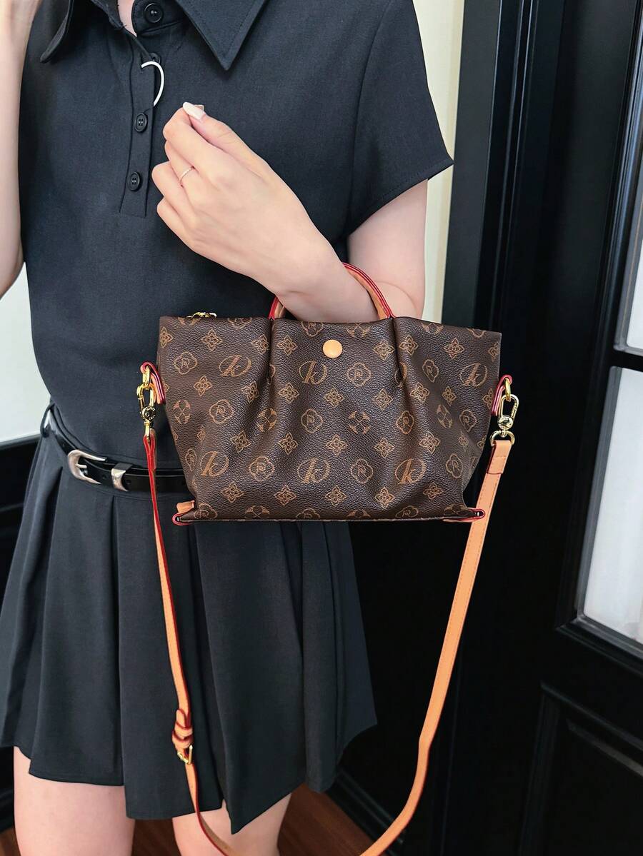 Vintage Floral Crepe Basket Tote Bag, Synthetic Leather Shoulder Bag, Large Capacity, Versatile, Suitable For Commuting, Women's Bag