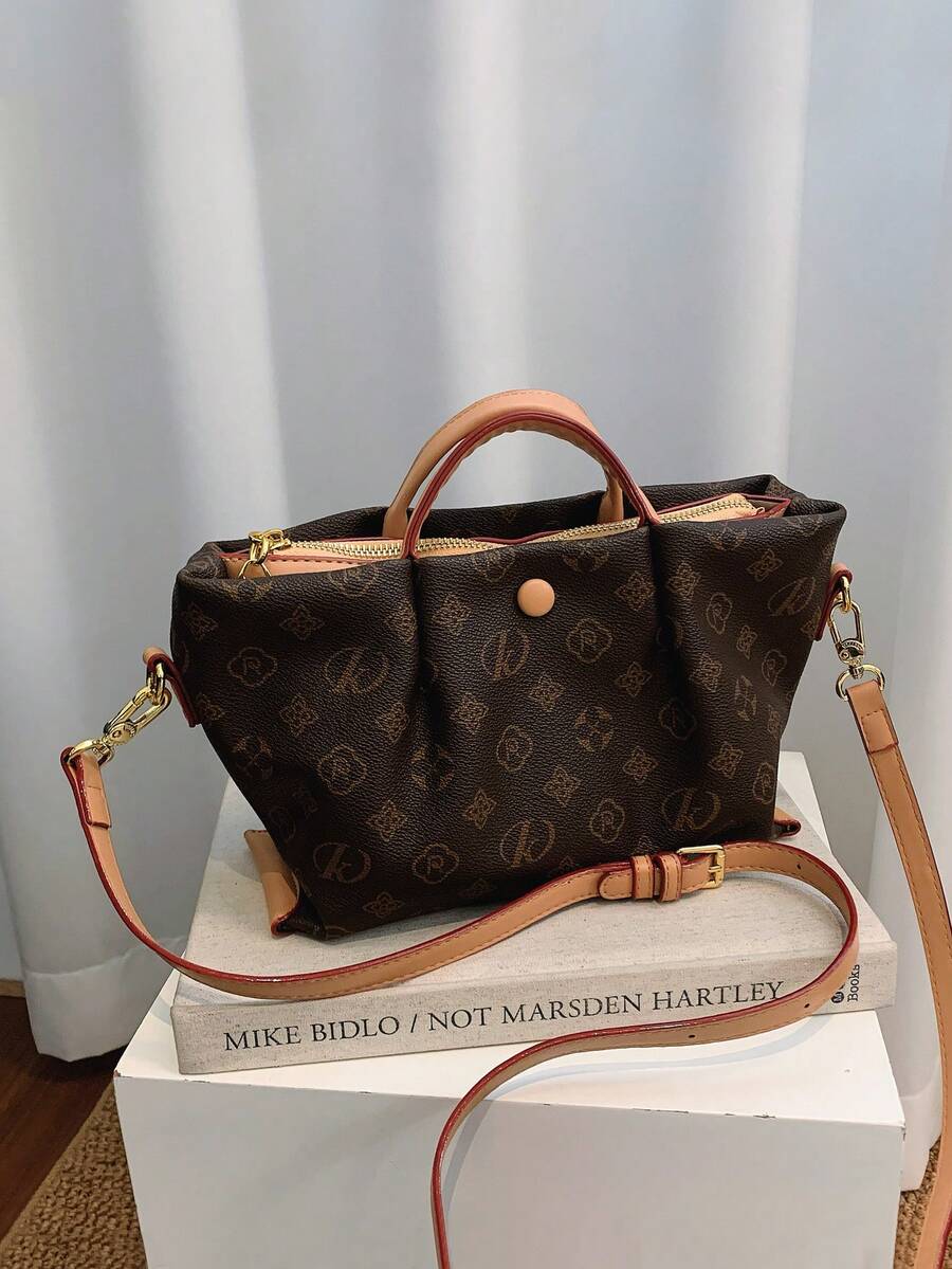 Vintage Floral Crepe Basket Tote Bag, Synthetic Leather Shoulder Bag, Large Capacity, Versatile, Suitable For Commuting, Women's Bag