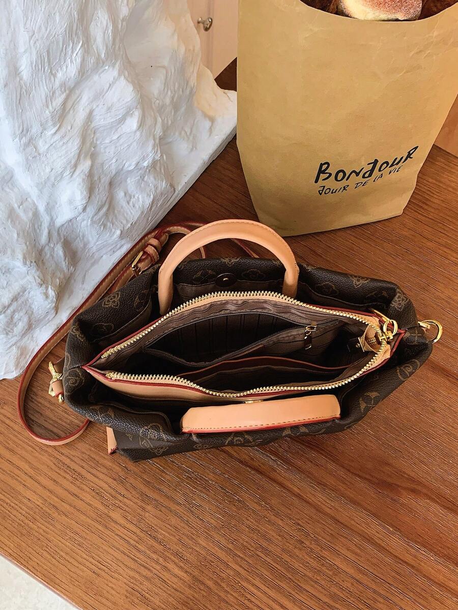 Vintage Floral Crepe Basket Tote Bag, Synthetic Leather Shoulder Bag, Large Capacity, Versatile, Suitable For Commuting, Women's Bag