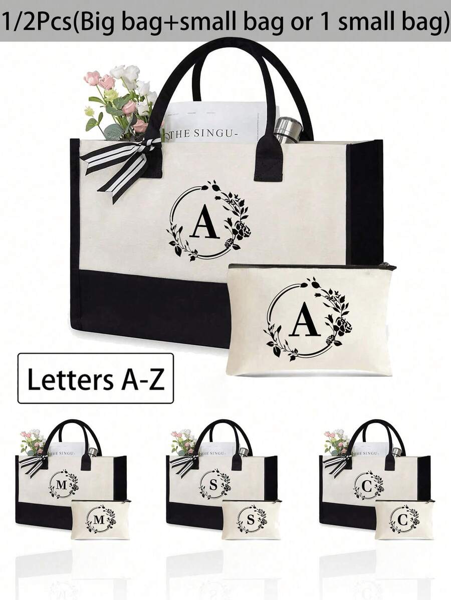 2pcs/Set Personalized Letter Canvas Tote Bags, Ideal Gifts For Weddings, Birthdays, Beaches, Holidays, Backpacks- Great For Women, Moms, Teachers, Friends, Bridesmaids, Students. Large Capacity Handb