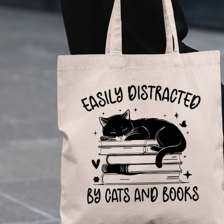 Ladies' Fashionable Casual Unisex Canvas Tote Bag Easily Distracted By Cats And Books