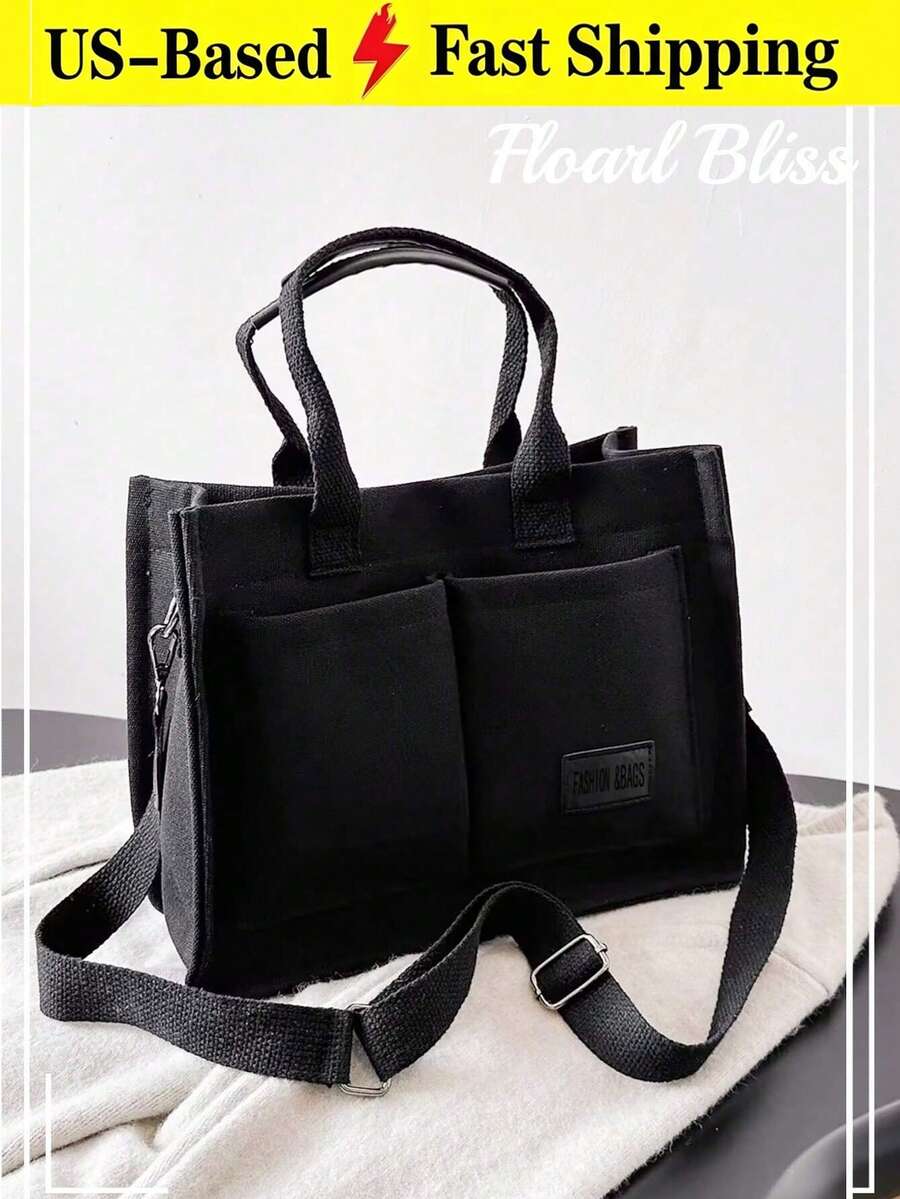 Black Canvas Multi-Pocket Tote Bag For Women, Top Handle Crossbody Shoulder Bag,Ladies Bags For Summer Beach Work School Daily Casual Outfits