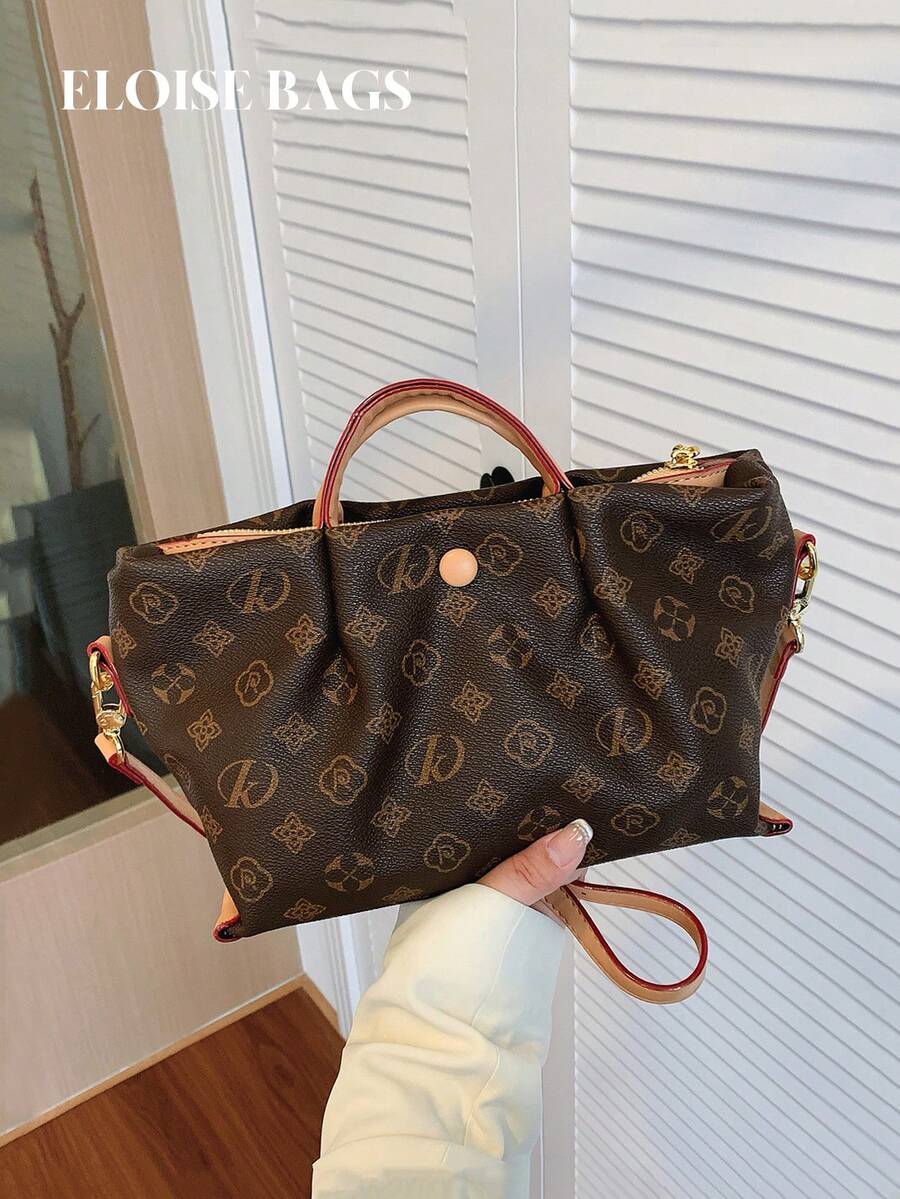 Vintage Floral Crepe Basket Tote Bag, Synthetic Leather Shoulder Bag, Large Capacity, Versatile, Suitable For Commuting, Women's Bag