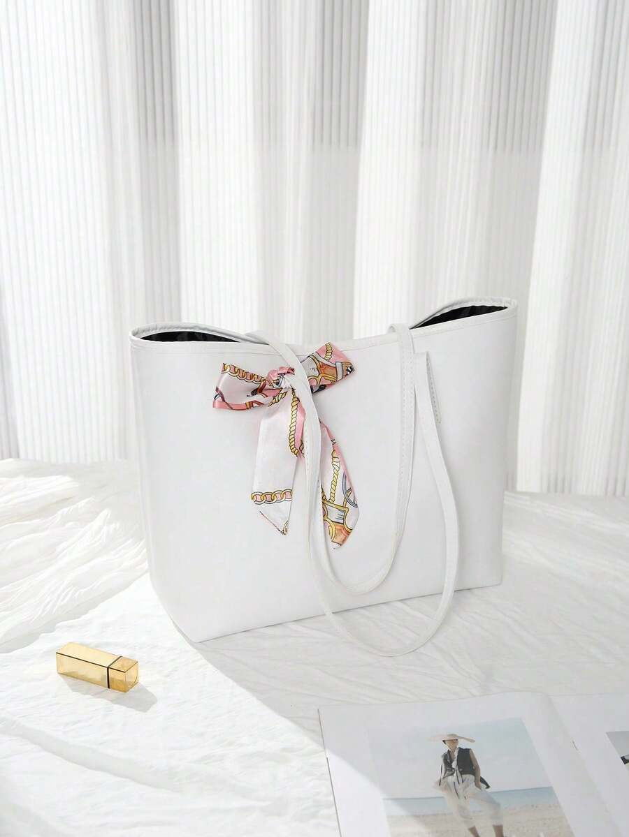 Fashionable Large Capacity Women's Tote Bag, Magnetic Closure With Scarf Decor, Suitable For Daily Commute And School, Shoulder Bag & Handbag