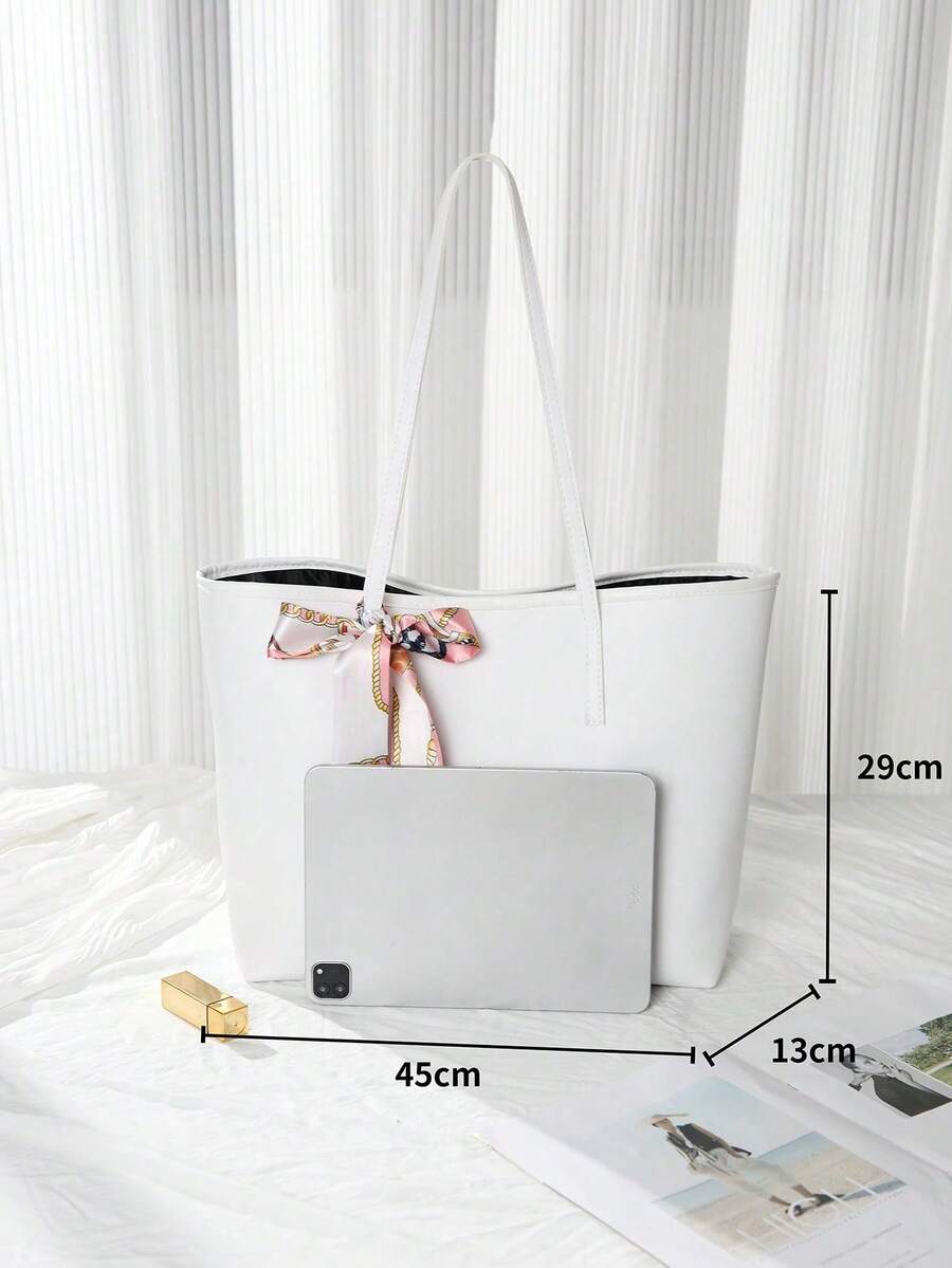 Fashionable Large Capacity Women's Tote Bag, Magnetic Closure With Scarf Decor, Suitable For Daily Commute And School, Shoulder Bag & Handbag