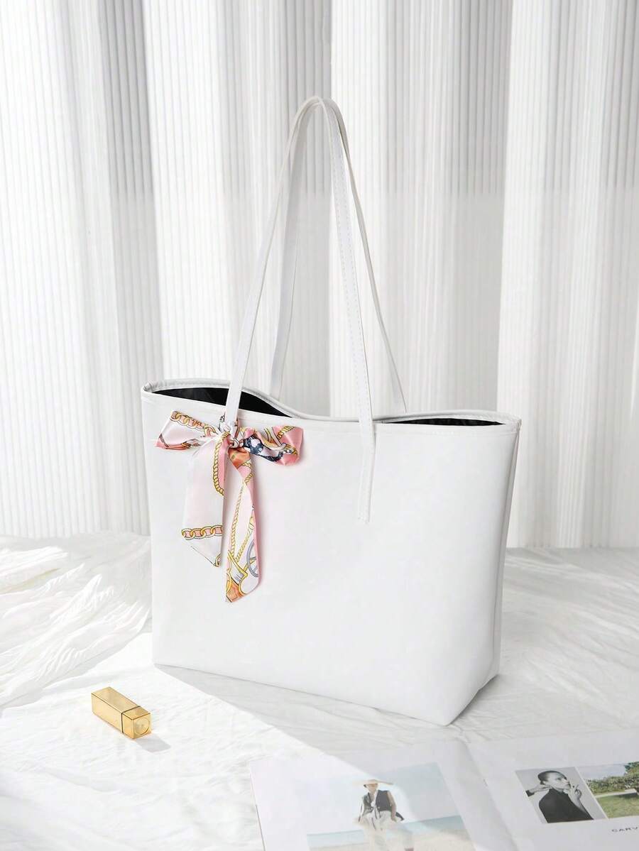 Fashionable Large Capacity Women's Tote Bag, Magnetic Closure With Scarf Decor, Suitable For Daily Commute And School, Shoulder Bag & Handbag