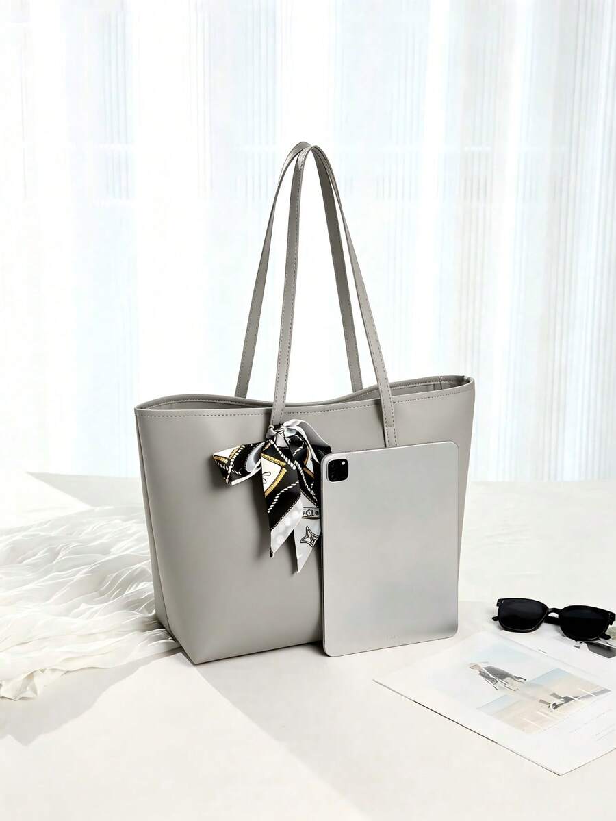 Fashionable Large Capacity Women's Tote Bag, Magnetic Closure With Scarf Decor, Suitable For Daily Commute And School, Shoulder Bag & Handbag