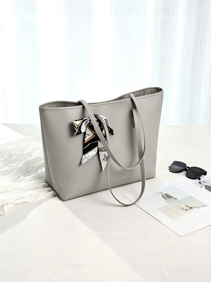 Fashionable Large Capacity Women's Tote Bag, Magnetic Closure With Scarf Decor, Suitable For Daily Commute And School, Shoulder Bag & Handbag