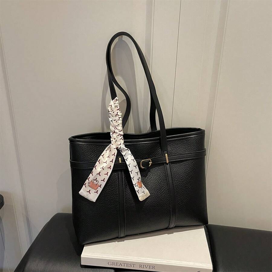 1pc Black & Gold Metal Buckle Scarf Tote Bag, Luxury High-End, Ins Hot Style, Commuter Elegant, Niche Design, Versatile & Chic, Exquisite Feeling, Suitable For Office Commute, Business Meeting, Shoppi