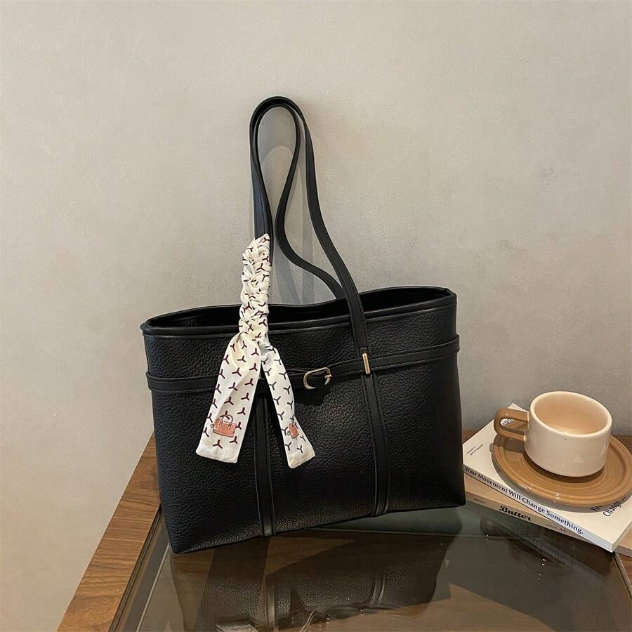 1pc Black & Gold Metal Buckle Scarf Tote Bag, Luxury High-End, Ins Hot Style, Commuter Elegant, Niche Design, Versatile & Chic, Exquisite Feeling, Suitable For Office Commute, Business Meeting, Shoppi