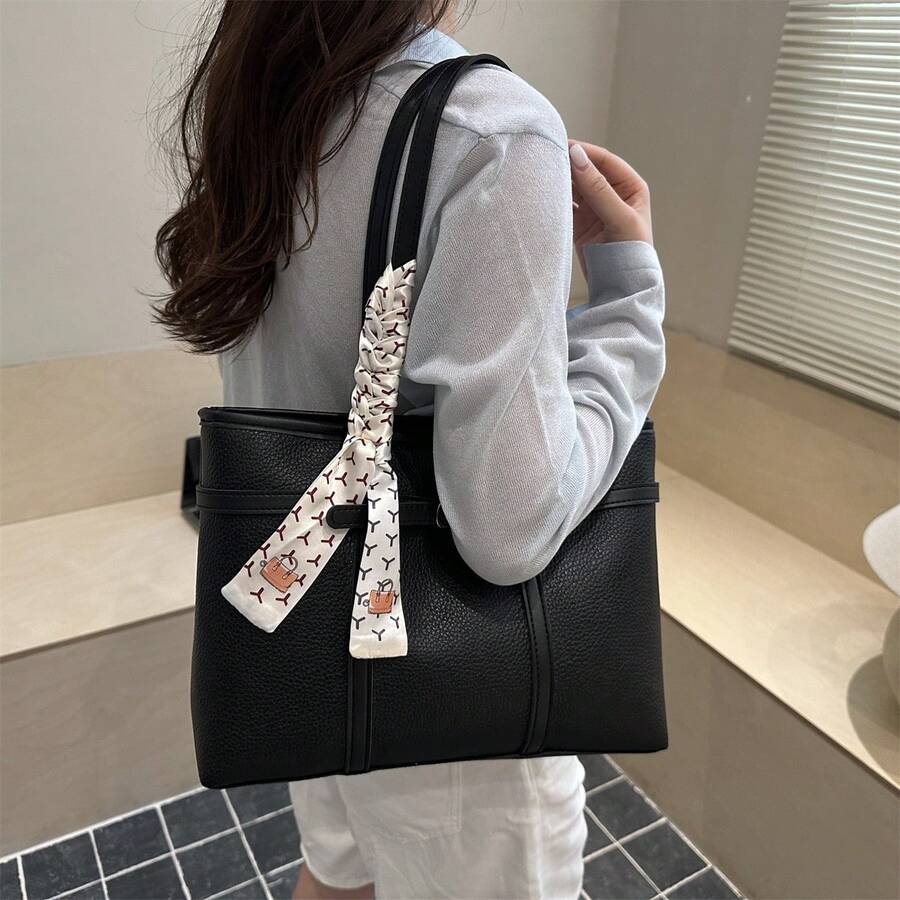 1pc Black & Gold Metal Buckle Scarf Tote Bag, Luxury High-End, Ins Hot Style, Commuter Elegant, Niche Design, Versatile & Chic, Exquisite Feeling, Suitable For Office Commute, Business Meeting, Shoppi