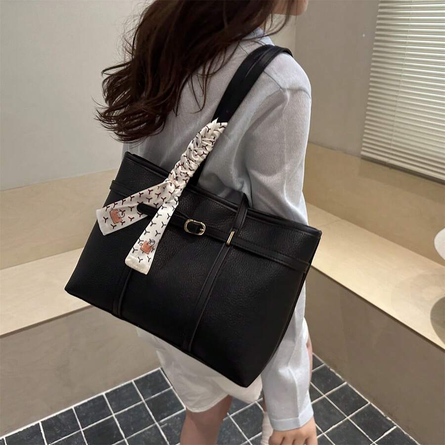 1pc Black & Gold Metal Buckle Scarf Tote Bag, Luxury High-End, Ins Hot Style, Commuter Elegant, Niche Design, Versatile & Chic, Exquisite Feeling, Suitable For Office Commute, Business Meeting, Shoppi