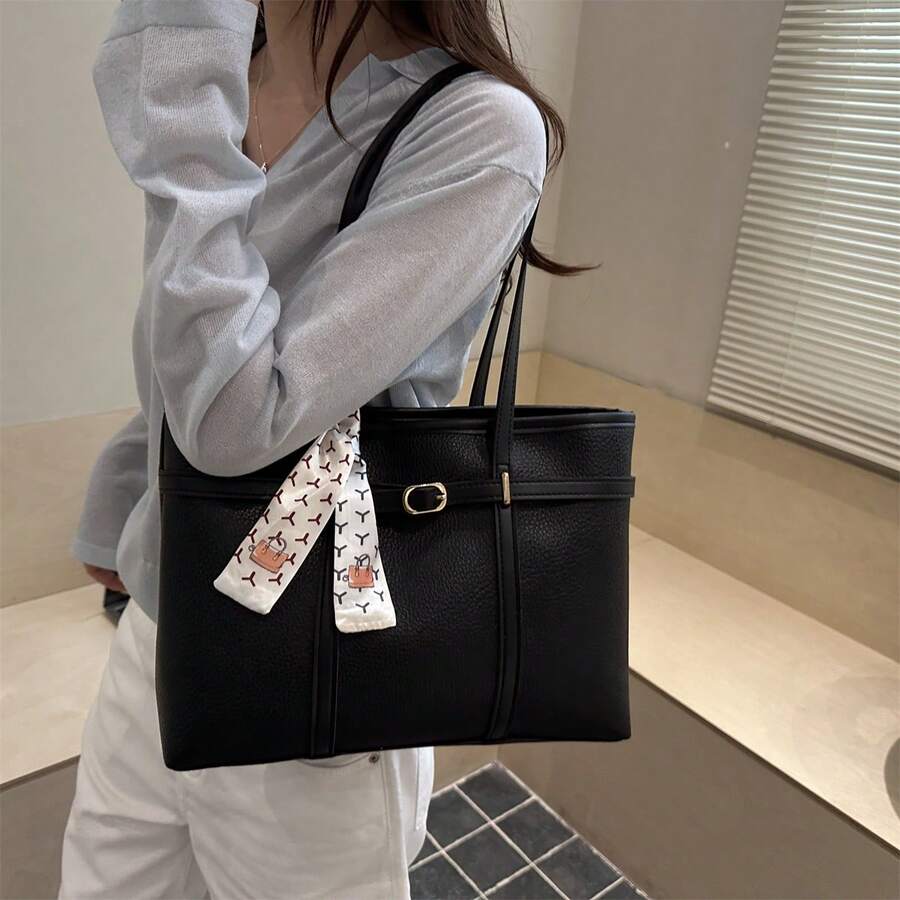 1pc Black & Gold Metal Buckle Scarf Tote Bag, Luxury High-End, Ins Hot Style, Commuter Elegant, Niche Design, Versatile & Chic, Exquisite Feeling, Suitable For Office Commute, Business Meeting, Shoppi