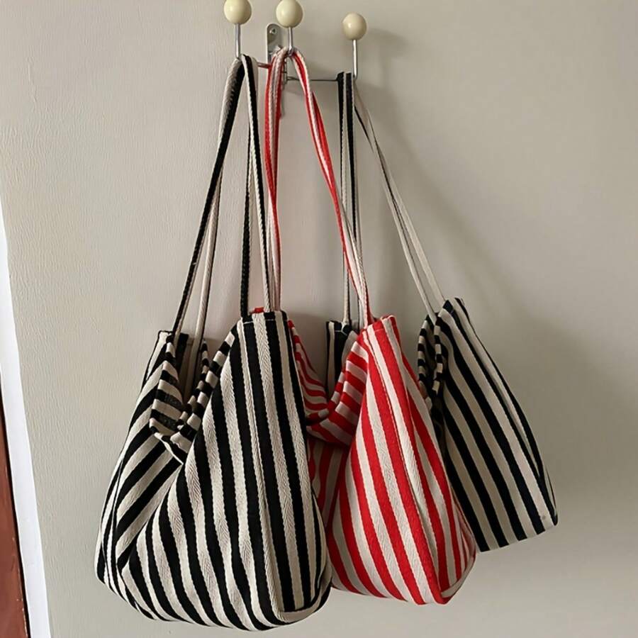 Stylish Striped Canvas Tote Bag – Spacious And Versatile – Perfect For Work, School, Or Everyday Outings