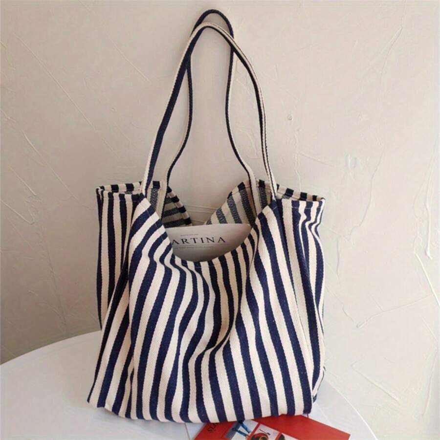 Stylish Striped Canvas Tote Bag – Spacious And Versatile – Perfect For Work, School, Or Everyday Outings