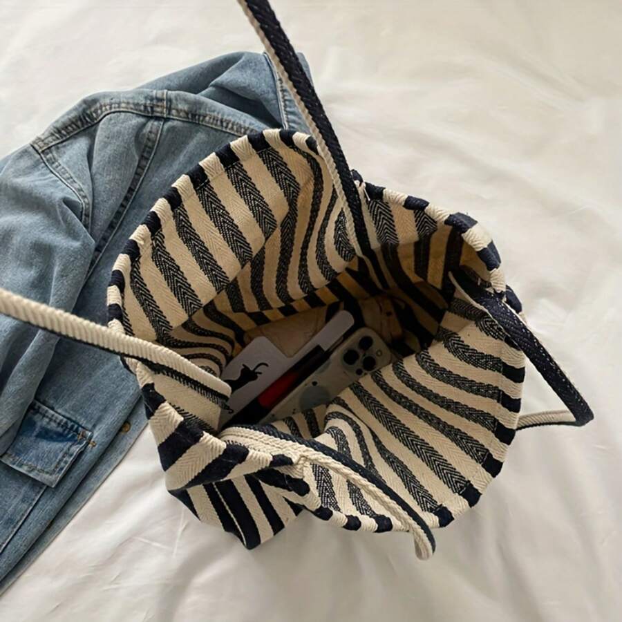 Stylish Striped Canvas Tote Bag – Spacious And Versatile – Perfect For Work, School, Or Everyday Outings