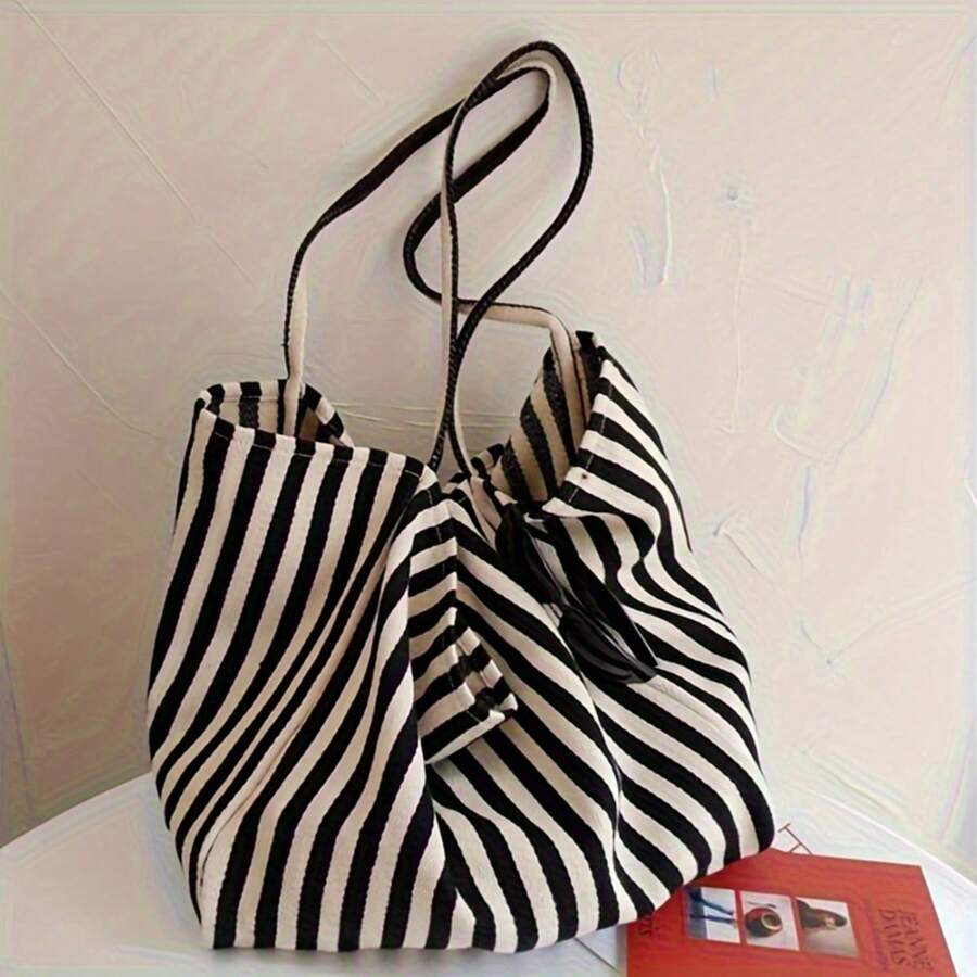 Stylish Striped Canvas Tote Bag – Spacious And Versatile – Perfect For Work, School, Or Everyday Outings