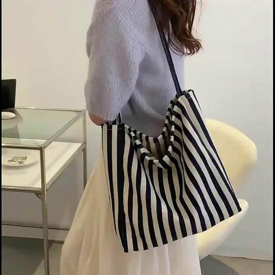 Stylish Striped Canvas Tote Bag – Spacious And Versatile – Perfect For Work, School, Or Everyday Outings