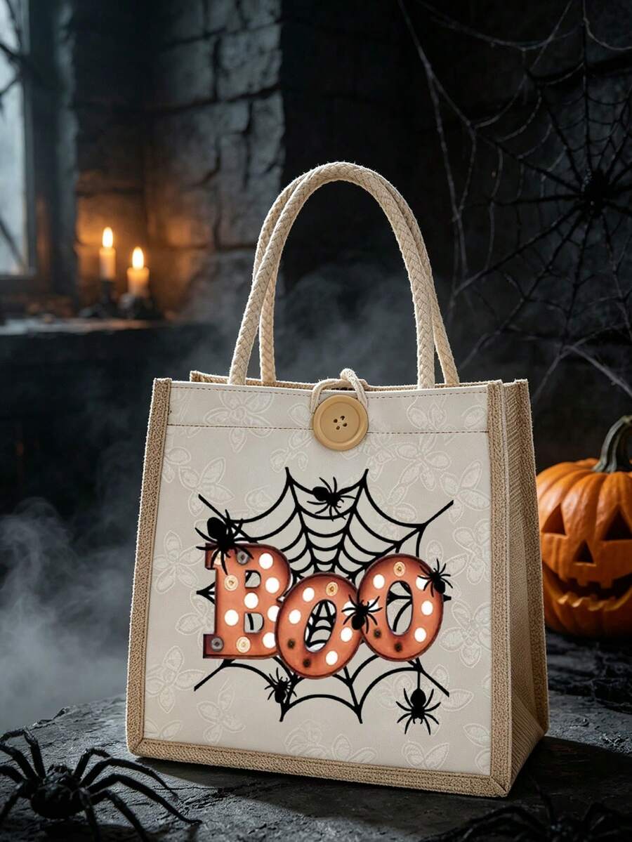 1pc Halloween Printed Linen Tote Bag, Reusable Printed Women's Handbag, Dual Handle Shopping Bag, Large Capacity Shoulder Bag, Casual Tote, Halloween Storage Bag, Suitable For Commuting, School And Sh