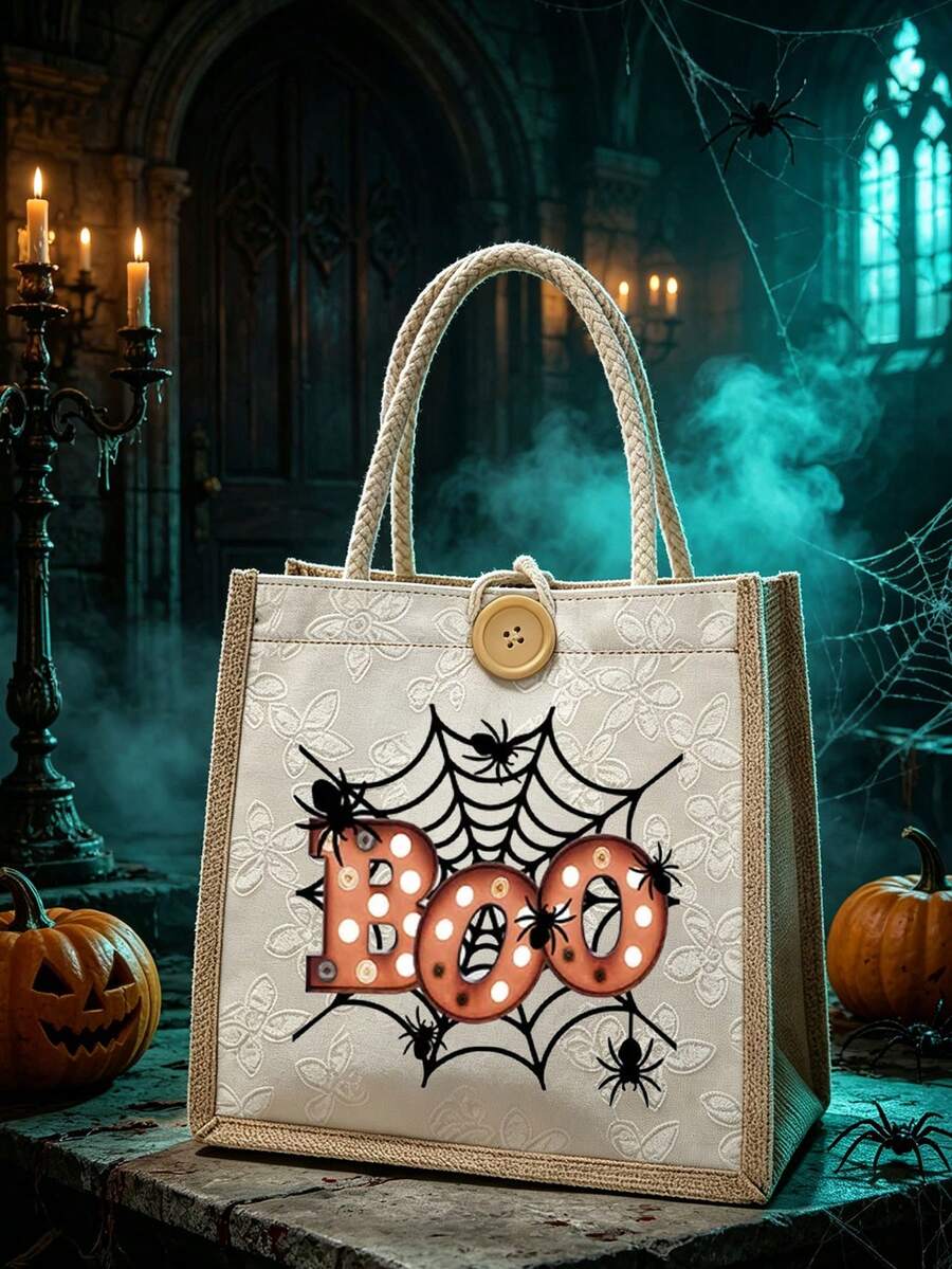 1pc Halloween Printed Linen Tote Bag, Reusable Printed Women's Handbag, Dual Handle Shopping Bag, Large Capacity Shoulder Bag, Casual Tote, Halloween Storage Bag, Suitable For Commuting, School And Sh