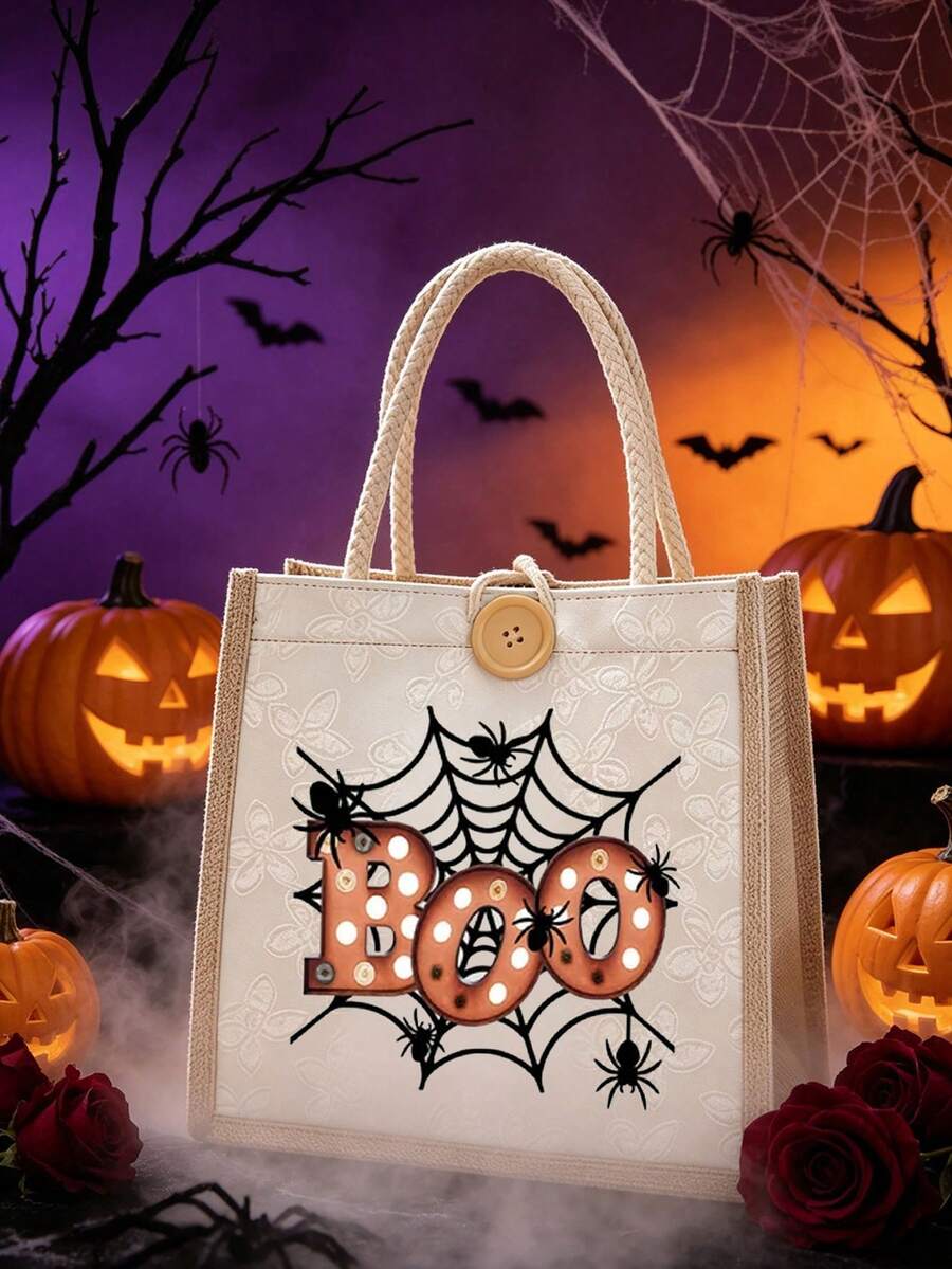 1pc Halloween Printed Linen Tote Bag, Reusable Printed Women's Handbag, Dual Handle Shopping Bag, Large Capacity Shoulder Bag, Casual Tote, Halloween Storage Bag, Suitable For Commuting, School And Sh