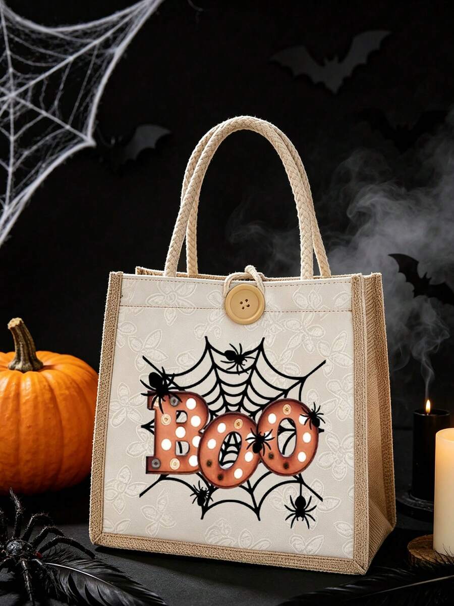 1pc Halloween Printed Linen Tote Bag, Reusable Printed Women's Handbag, Dual Handle Shopping Bag, Large Capacity Shoulder Bag, Casual Tote, Halloween Storage Bag, Suitable For Commuting, School And Sh