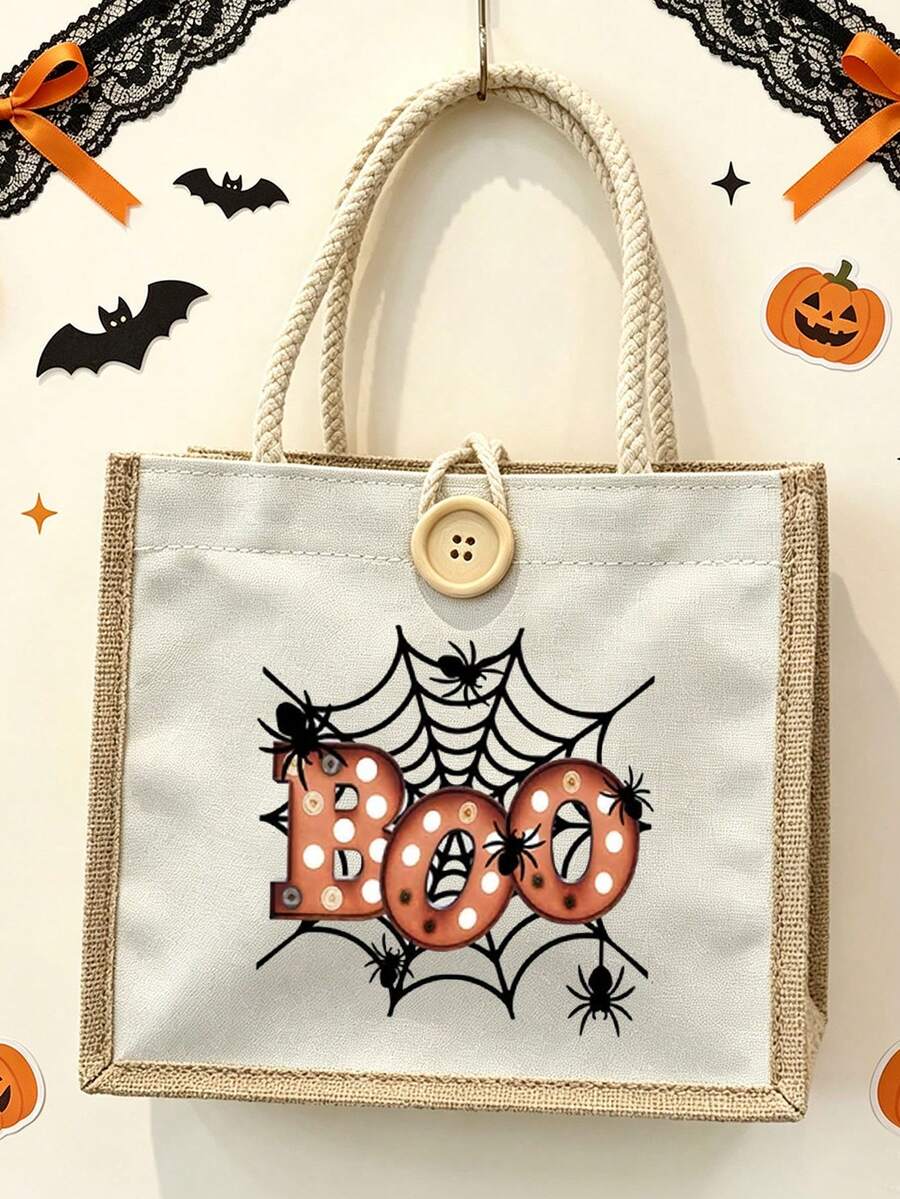 1pc Halloween Printed Linen Tote Bag, Reusable Printed Women's Handbag, Dual Handle Shopping Bag, Large Capacity Shoulder Bag, Casual Tote, Halloween Storage Bag, Suitable For Commuting, School And Sh
